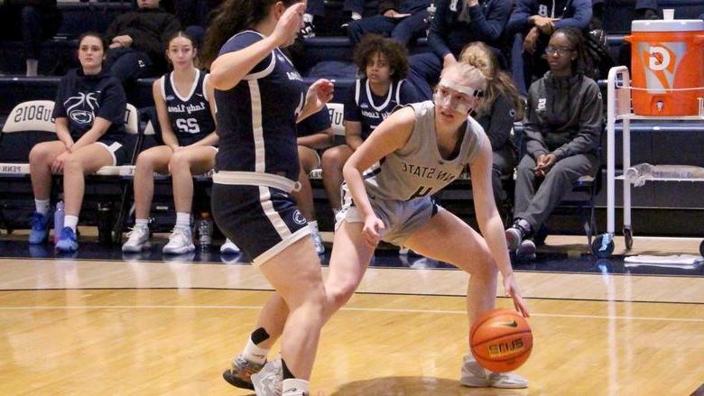 Penn State DuBois sophomore guard Hailey Theuret protects her dribble while looking inside the lane for a teammate during a recent basketball game at the PAW Center.